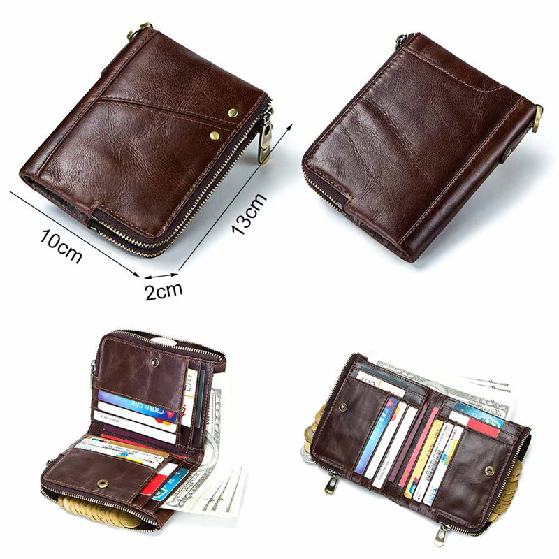 Vintage Man Wallet Rfid Small Purse Cow Leather Mini Purse Male Short Wallet Double Zipper Coin Purses Men Wallet Card Holder