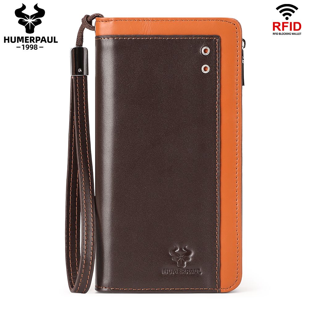 HUMERPAUL Genuine Leather Men's Wallet RFID Credit Card Holder with Passport Cover Business Long Cell Phone Clutch Purse