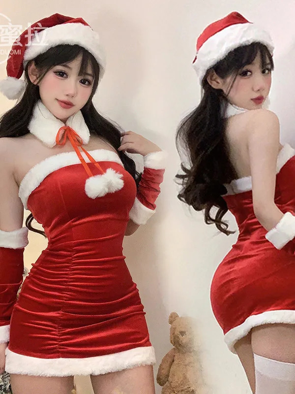 Fashionable and sexy Korean womens Christmas decoration short skirt elegant velvet sexy female role-playing Halloween performance dress 6BVH 241106