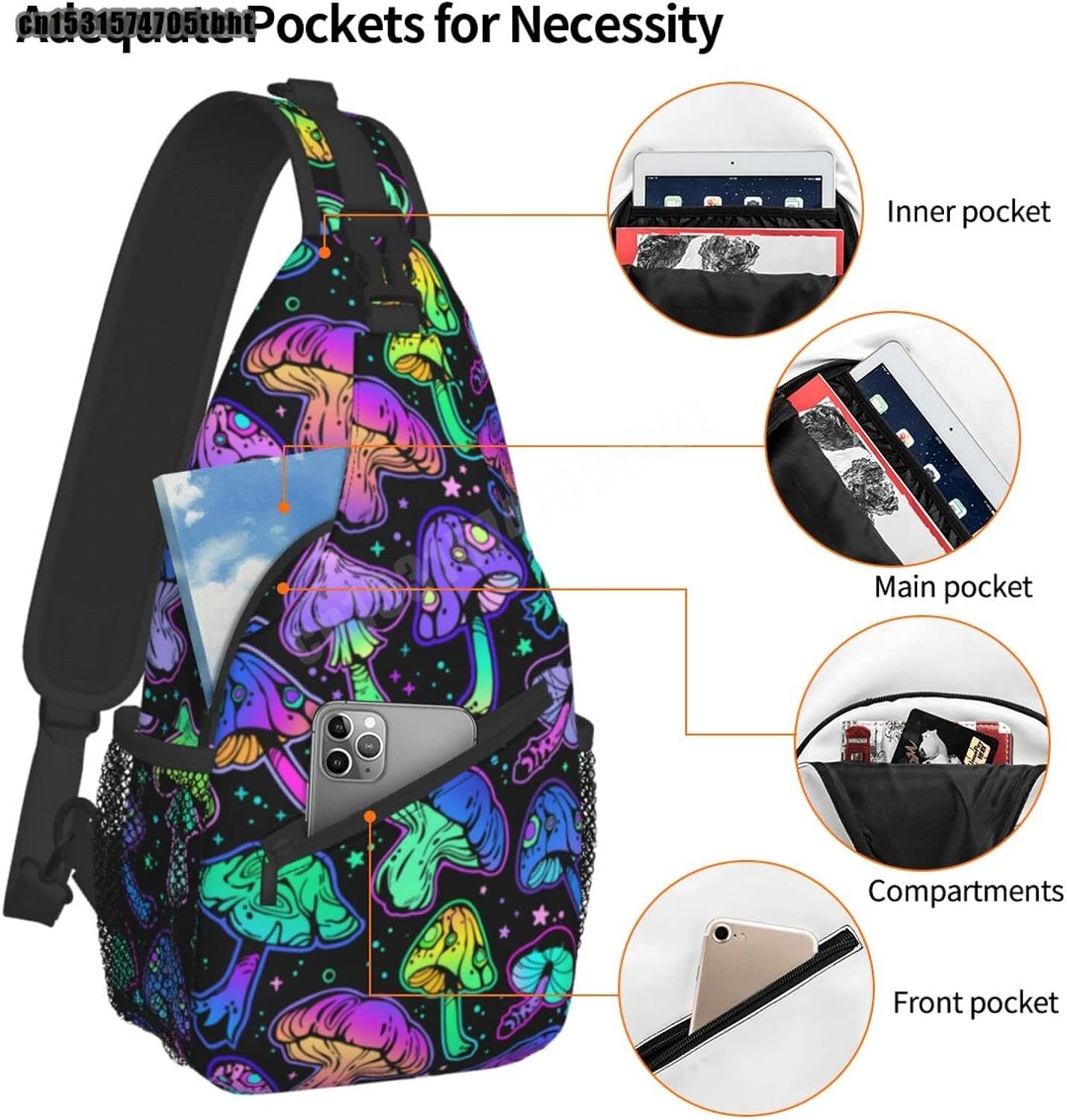 Bright Psychedelic Mushrooms Sling Bag Women Men Backpack Crossbody Bag Travel Hiking Casual Sport Climbing Runners Daypack