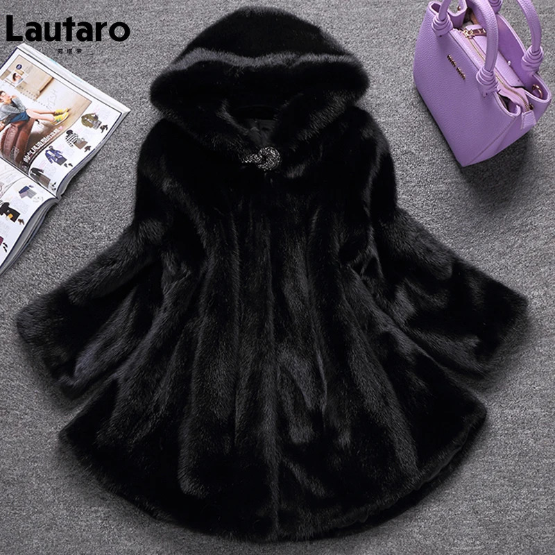 Lautaro Winter Black Warm Thick Fur Soft Artificial Mink Coat Womens Elegant Fluffy Jacket with Hood 4xl 5xl 6xl 7xl 241107