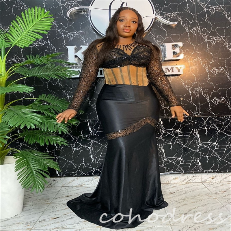 Amazing Black Plus Size Evening Dresses African O Neck Long Sleeve Beaded Mermaid Prom Dress For Black Girls Elegant Satin Birthday Dress Women Vestid