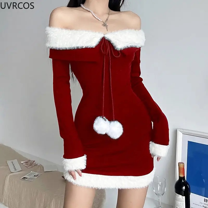 2024 Sexy Red Christmas Dress Women Winter Y2k Plush Patchwork Off Shoulder Party Mini Dress Korean Fashin Elegant Bodycon Dress 241107