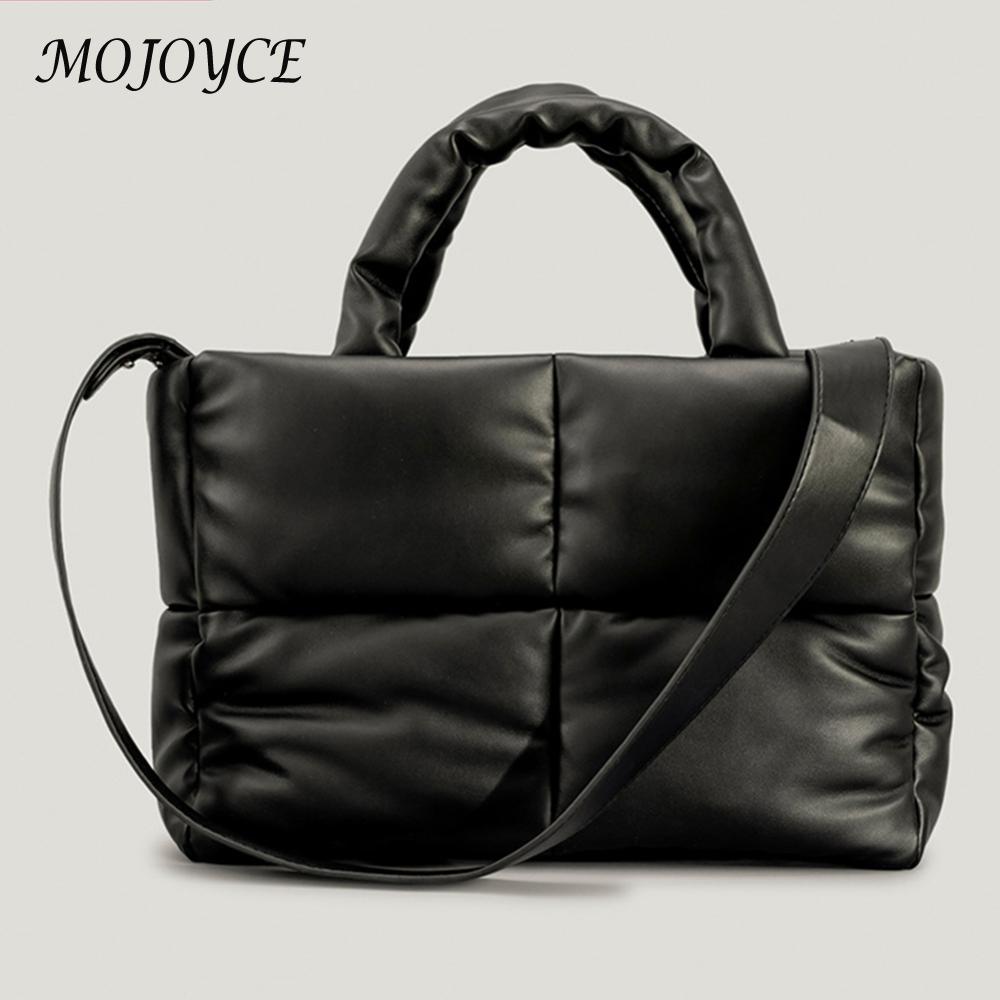 Women Puffer Shoulder Bag Large Capacity Top Handle Bag Solid Color PU Leather Lightweight for Shopper Travel