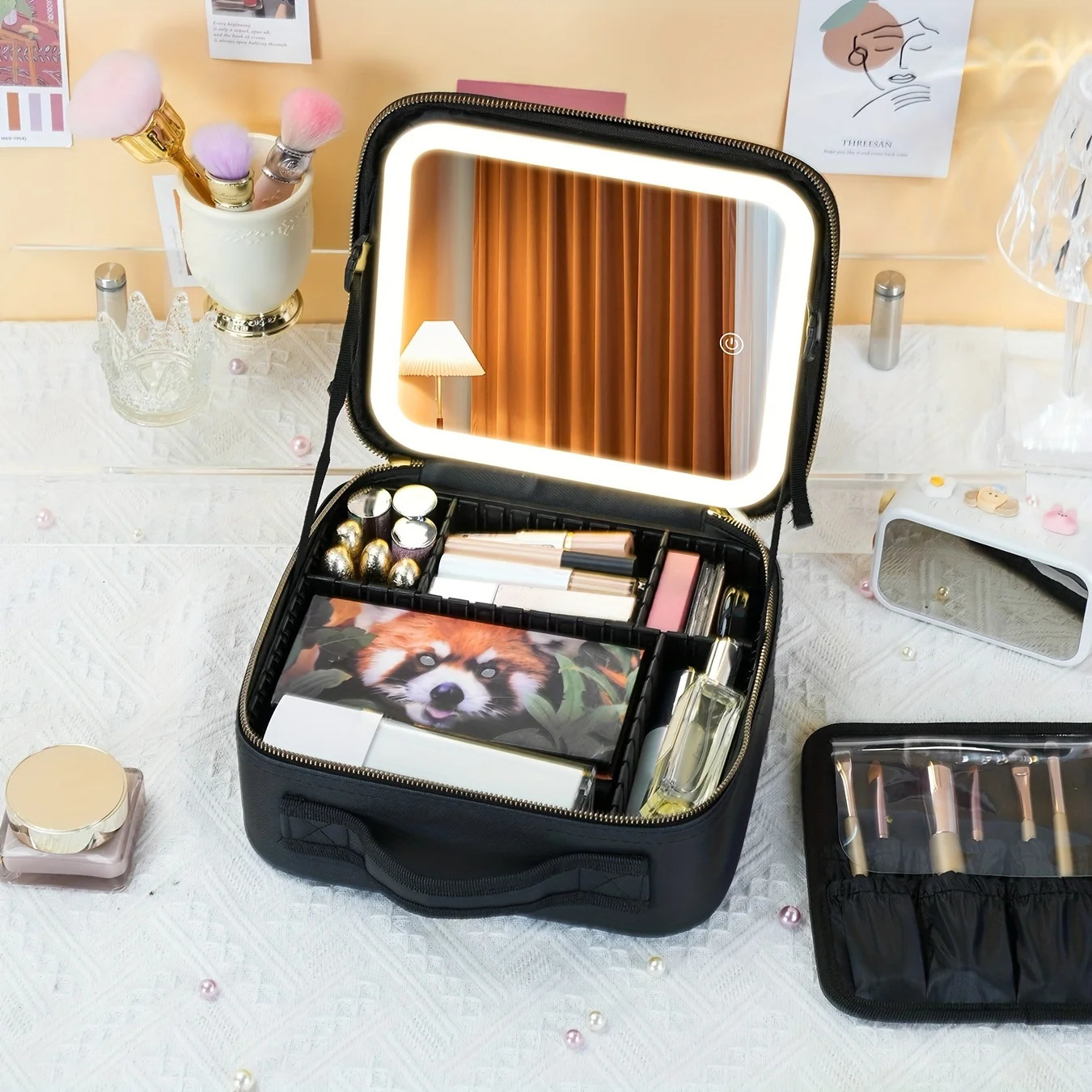 LED travel makeup bag with mirror portable waterproof makeup organizer makeup box womens birthday gift 241106