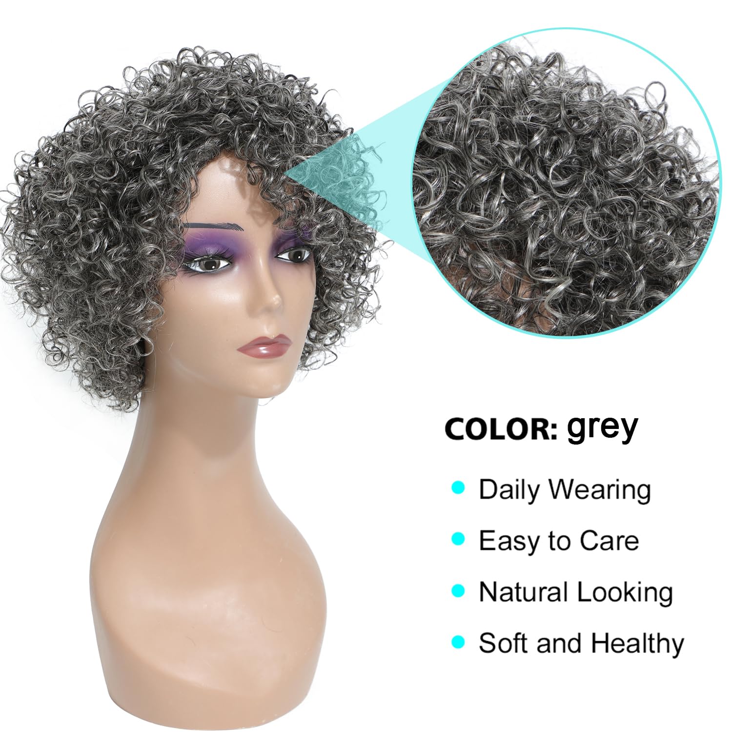 Grey Glueless Wigs Human Hair Wigs Grey Short Curly Wigs for Black Women silver gray Hair Mixed Kinky Curly Wear and Go Ombre Gray 8 Inch Short Wigs f