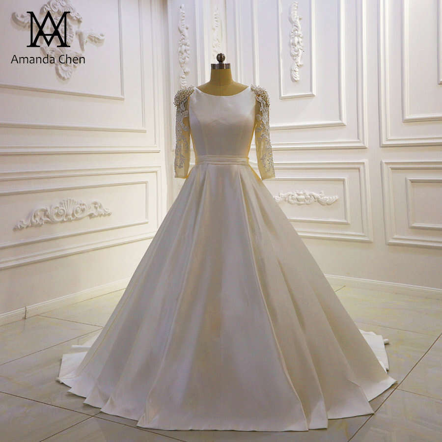 bruidsjurken 3/4 Sleeves Lace Appliques Beading Satin Wedding Dress