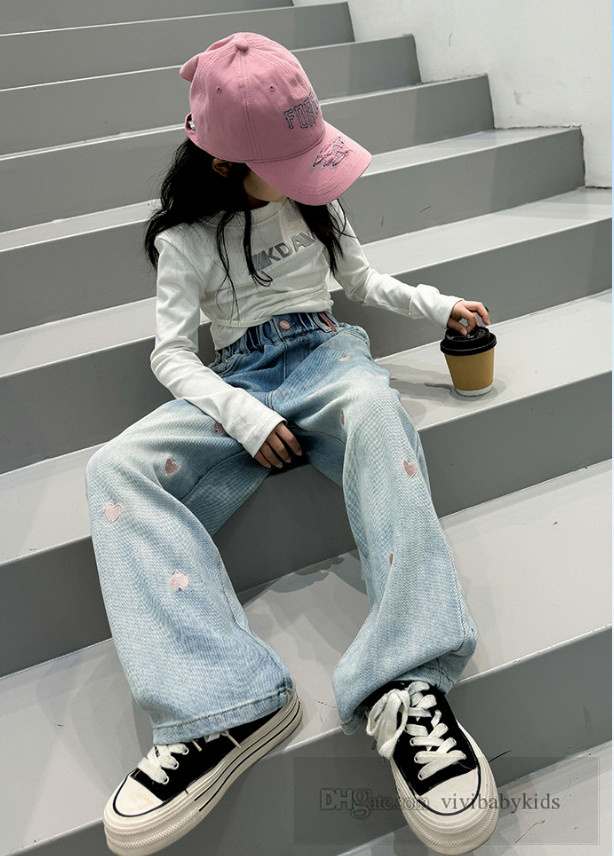 Big Girls pink love heart embroidery jeans kids straight wide legs pants winter teenagers thicken casual cowboy trousers S2454