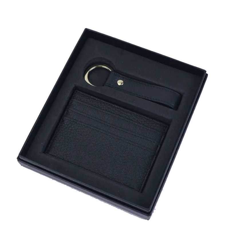 Custom Letters Genuine Leather Business Credit Card Holder Key Ring Gift Box Set Ultra-thin Short Card Cover Small Keychain Set