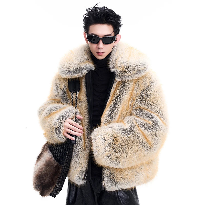 FEWQ mens faux mink fur thick coat winter item niche lapel zipper long sleeved fashionable mens casual wool coat 24E5004 241107