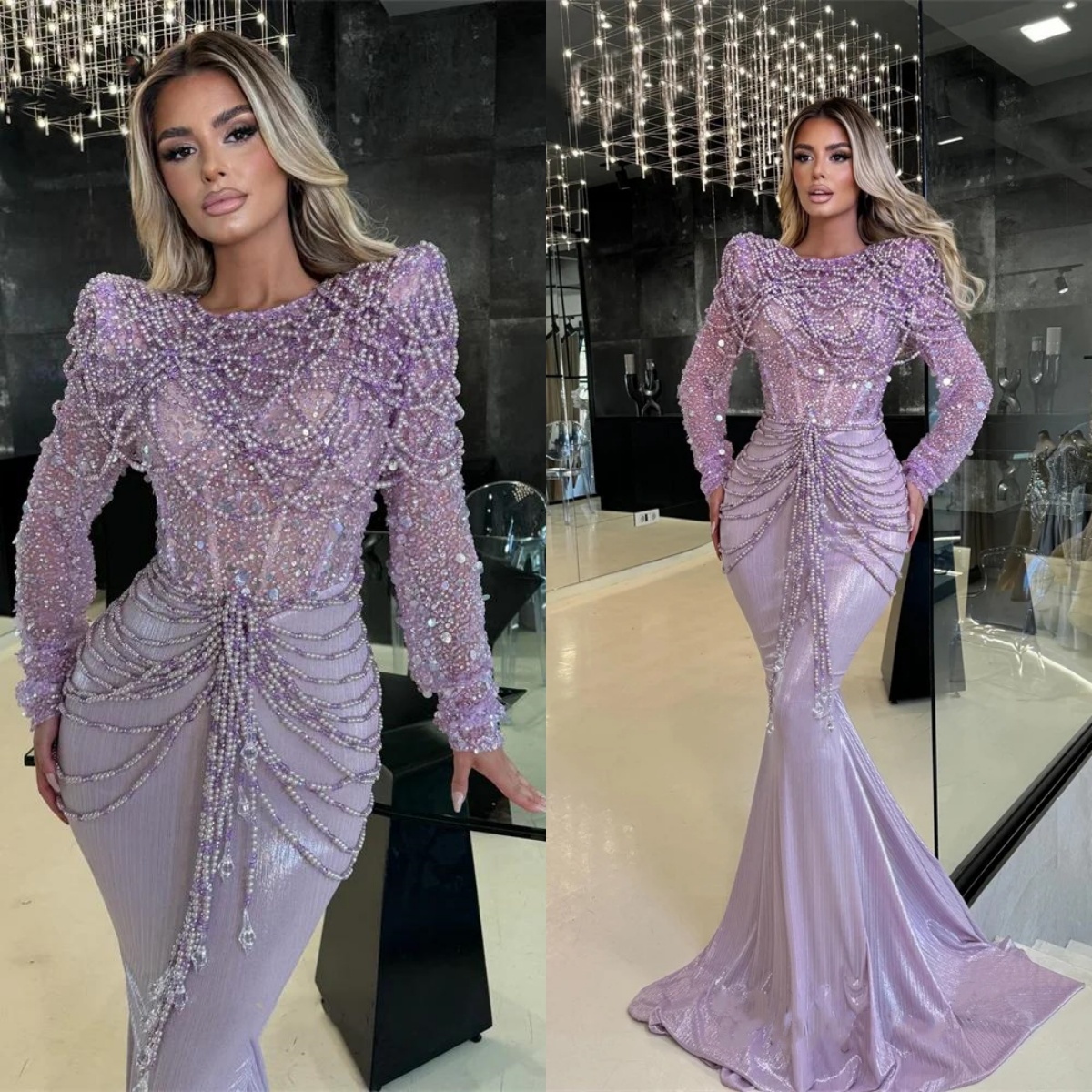 Elegant Evening Pearls Beading Prom Gowns Sequins Long Sleeves Tassel Mermaid Princess Party Dresses Custom Made Vestidos de noche