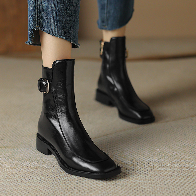 2024 New Autumn Square Toe Low Heel Women Shoes Genuine Brown Ankle Block Retro Leather Boots