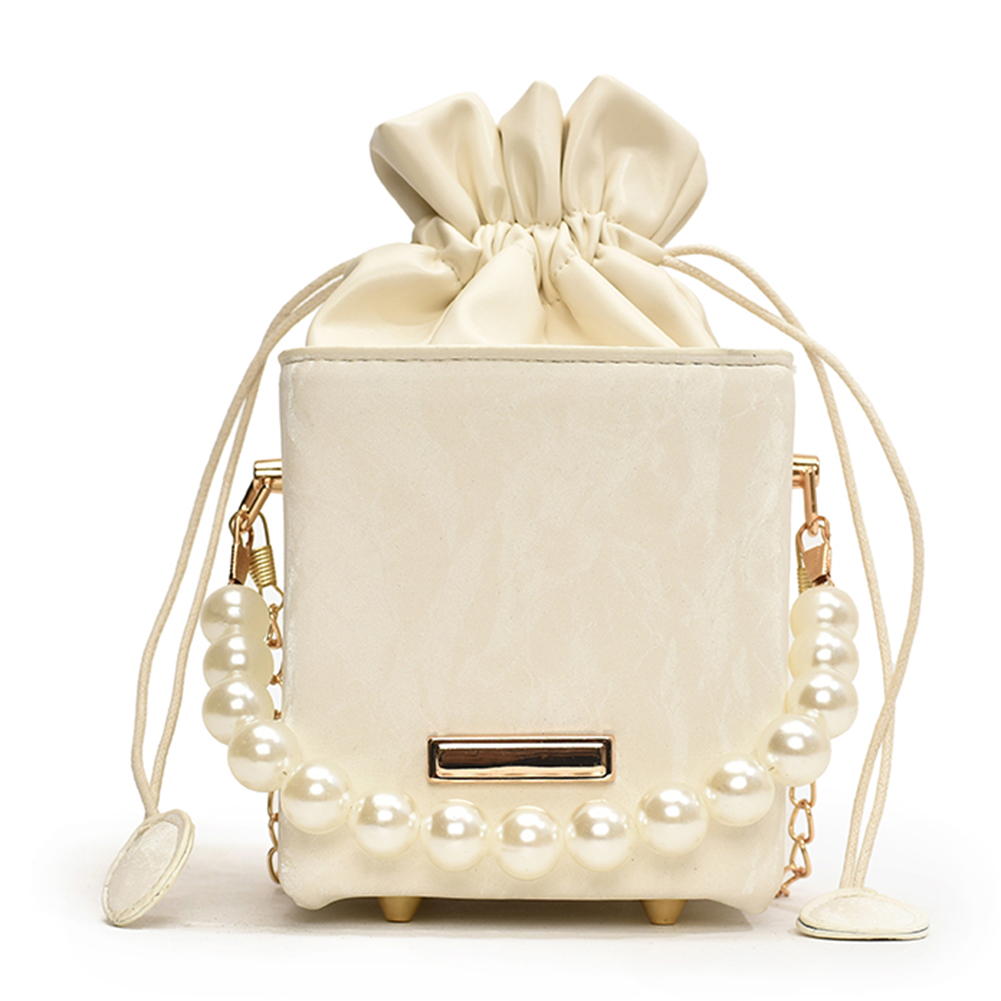 Women PU Chic Crossbody Bag Large Capacity Drawstring Shoulder Handbags Chain Strap Small Square Bag for Party Vacation