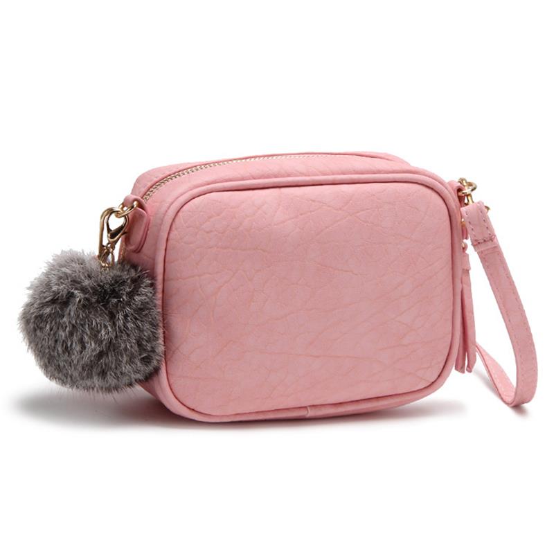 Casual Women Mini Crossbody Bag Embossed PU Leather Small Messenger Shoulder Bag With Pompom Female Tote Sac