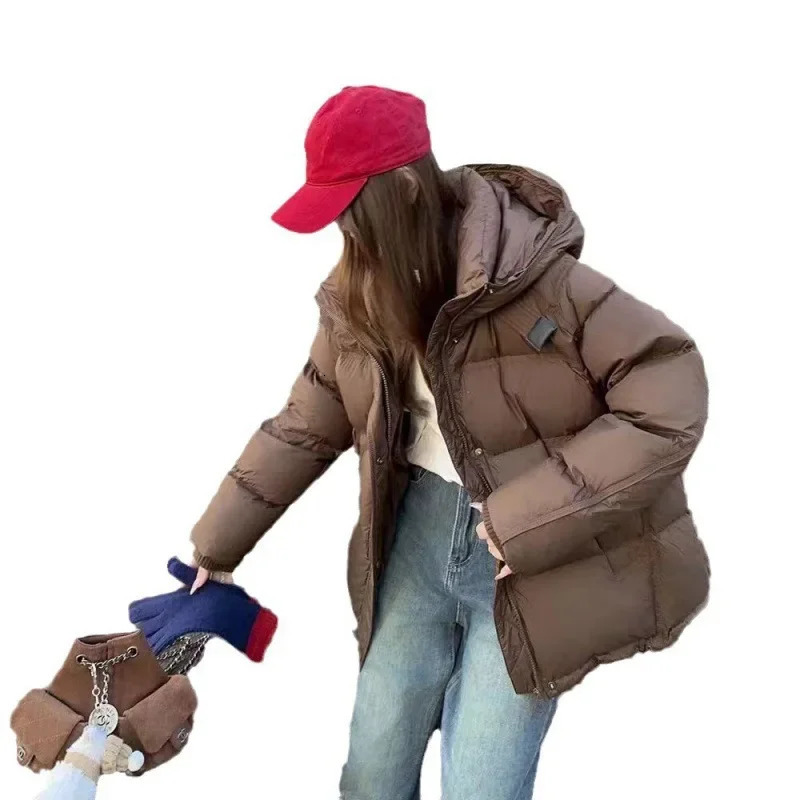 Melad Brown Coffee Womens Crop Petite Winter Thick Down Jacket Long Sleeve Regular Fit 241107