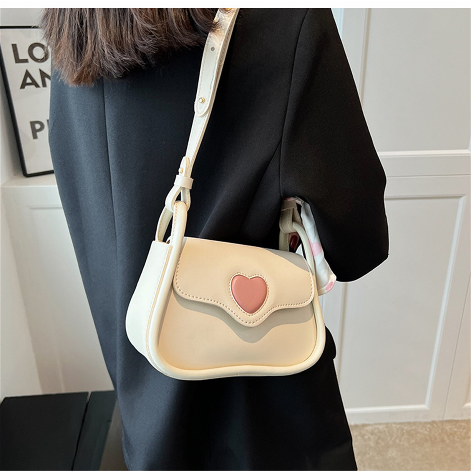 Cute Love Heart Square Shoulder Bags Women Fashion PU Leather Underarm Bag Casual Simple Ladies Crossbody Purse with Scarf