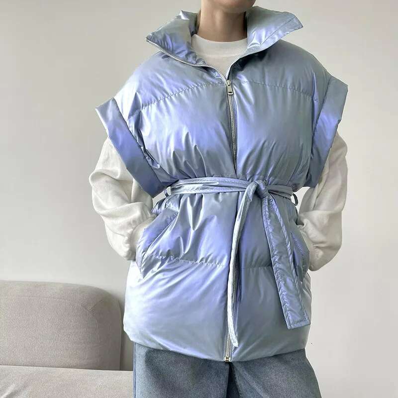 Talenza Women's Winter Glossy Zipper Belt Vest Casual Sleeveless Warm Lapel Down Cotton Jacket Female