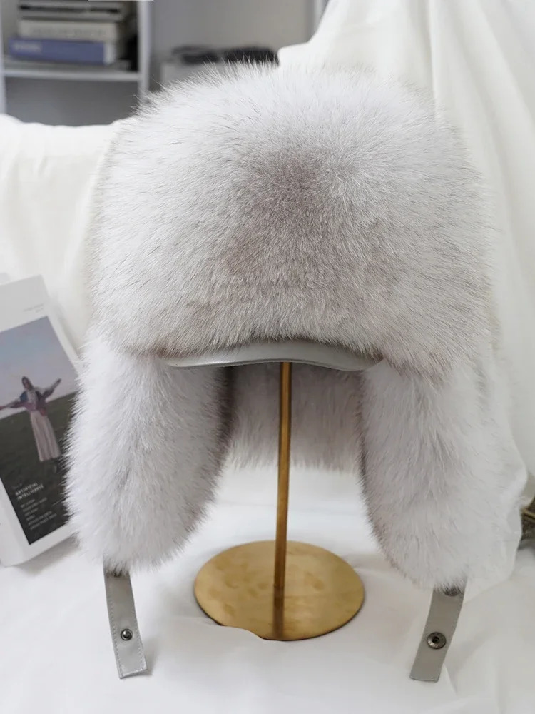 Winter Mens 100% Real Silver Fox Fur Bomber Hat Raccoon Fur Usanka Hat Catcher Russian Mens Ski Hat 241106