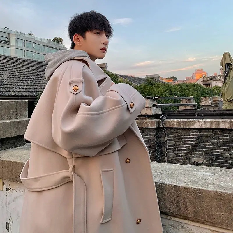 Fashionable trench coat mens winter blended American mid length coat high-end handsome solid color long sleeved wool coat 241107