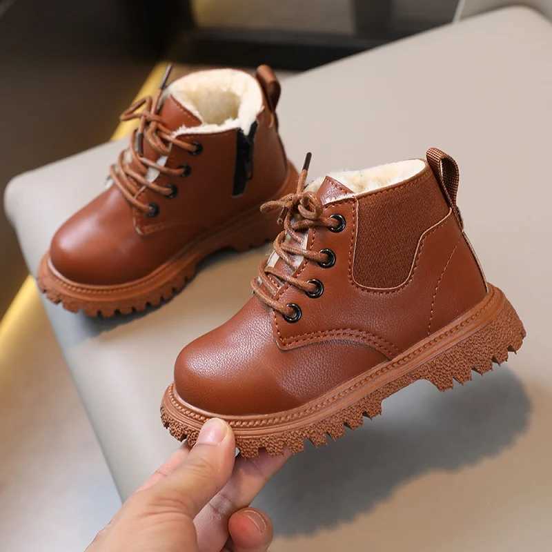 Boys Girls Plus Velvet Warmth Boots British Sle Non-Slip Zipper Design Shoes Children Leather BootsXJ241206