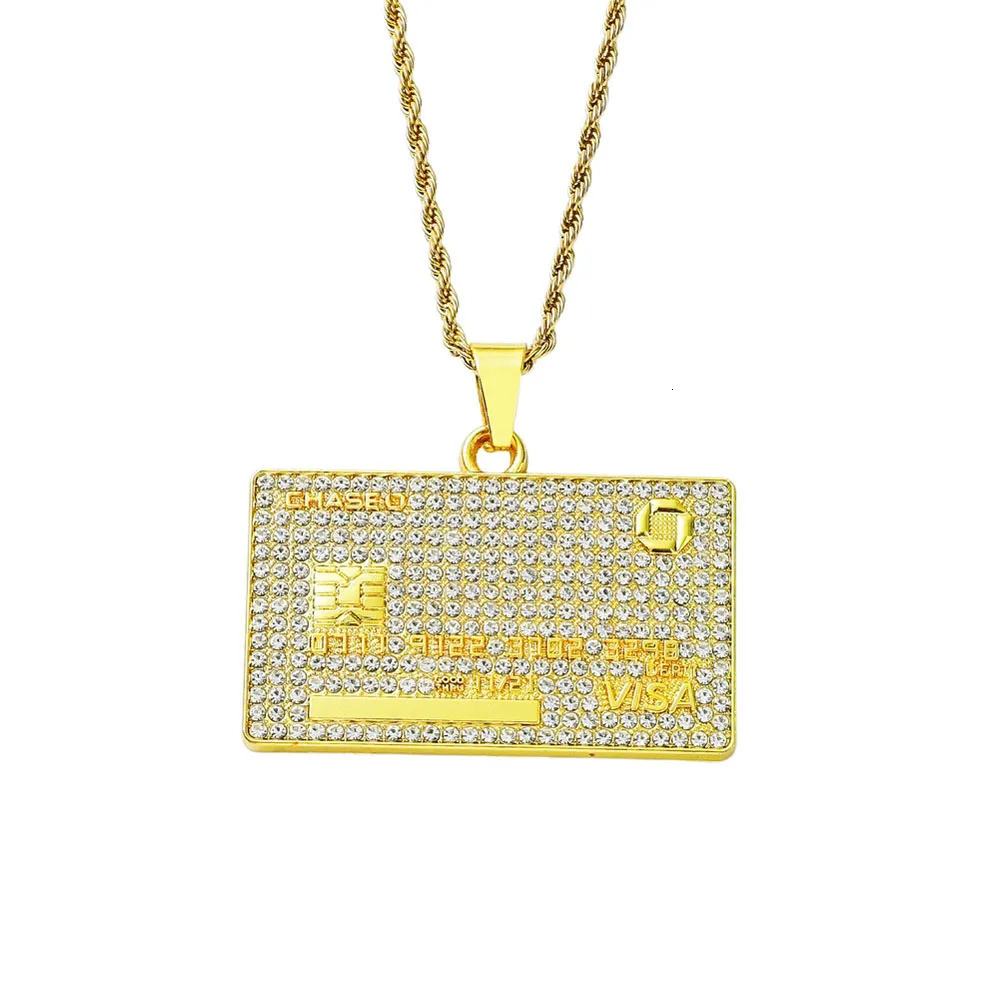 Mens Hip Hop Full Iced Out Credit Card Pendant Necklace With 13mm Width Cuban Chain Gold Color Necklaces Charm CZ Jewelry Gift 241106