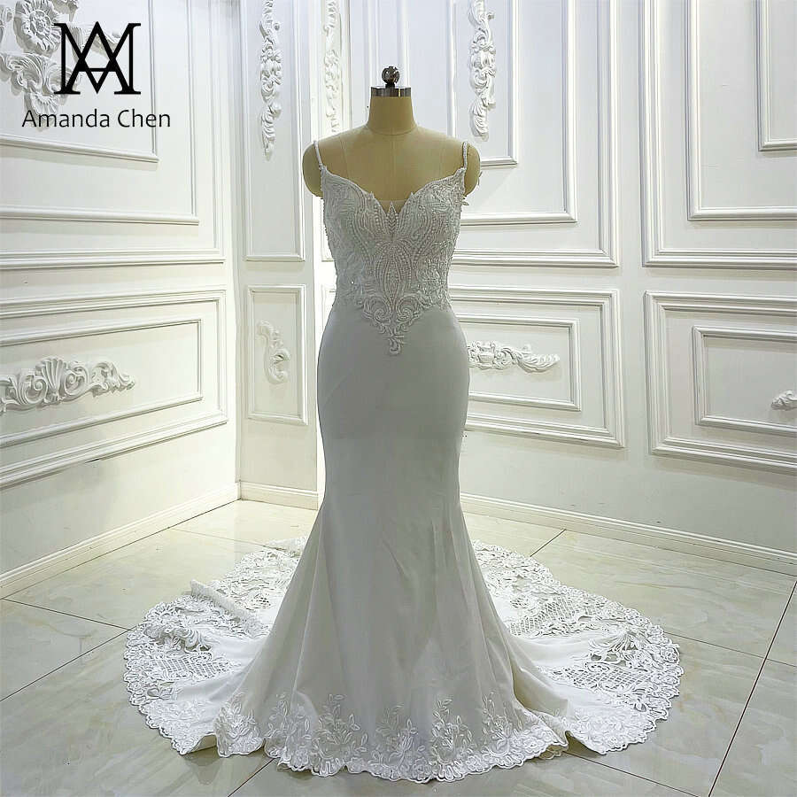 Beach Casual Spaghetti Straps Lace Appliqued Simple Wedding Dress