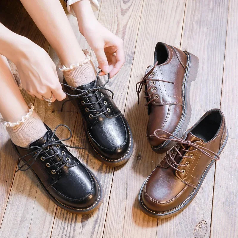 British style womens leather shoes retro brown preparatory JK uniform shoes college student casual shoes low boots lace shoelaces 241106
