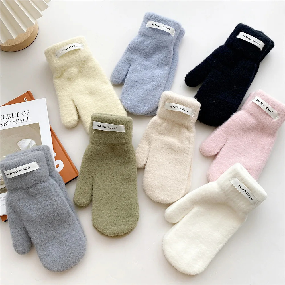 Womens Girl Winter Korean Edition Solid Color Thick Plush Bicycle Student Fashion Warm Gloves Clothing Accessories 241107