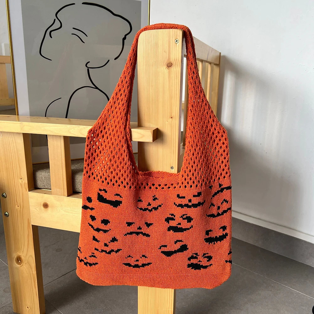 Knitted shoulder bag mesh bag womens underwear bag Halloween and Christmas crochet pumpkin 241106
