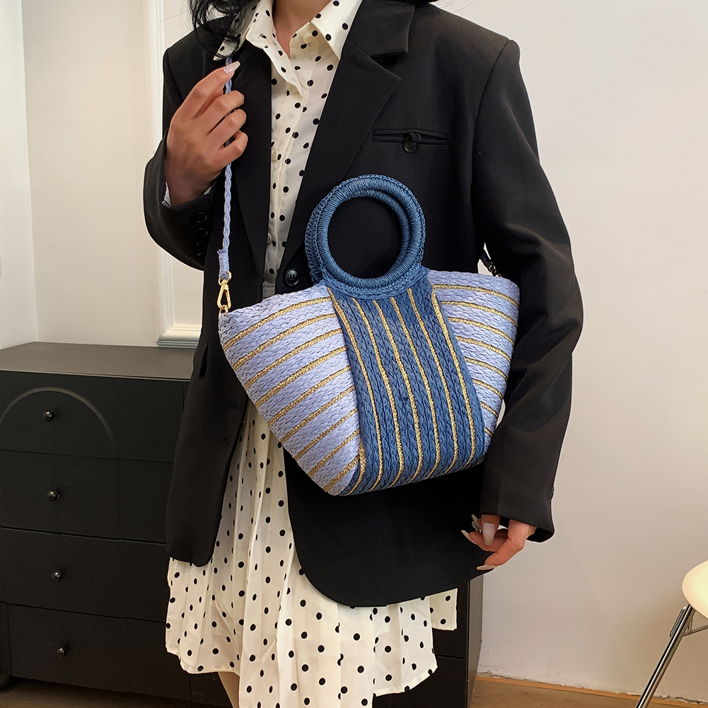 Women Straw Shoulder Bag Color Contrast Striped Straw Handbag Large Capacity Simple Satchel Bag Ladies Summer Daily Bag