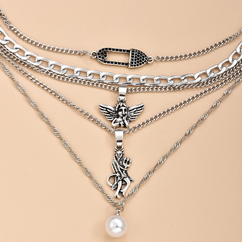 European and American Retro Popular Metal Chain Layered Necklace New Antique Silver Devil Angel Pearl Pendant Multi-layer Necklace
