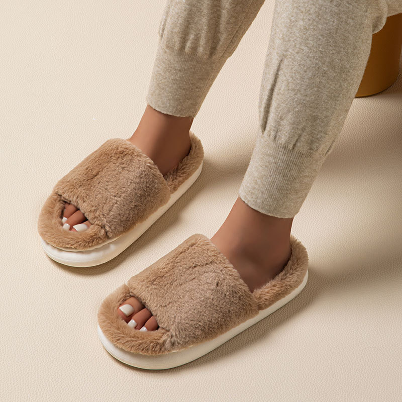 Household Rabbit Fur One-piece Fashionable Flat Slippers.
