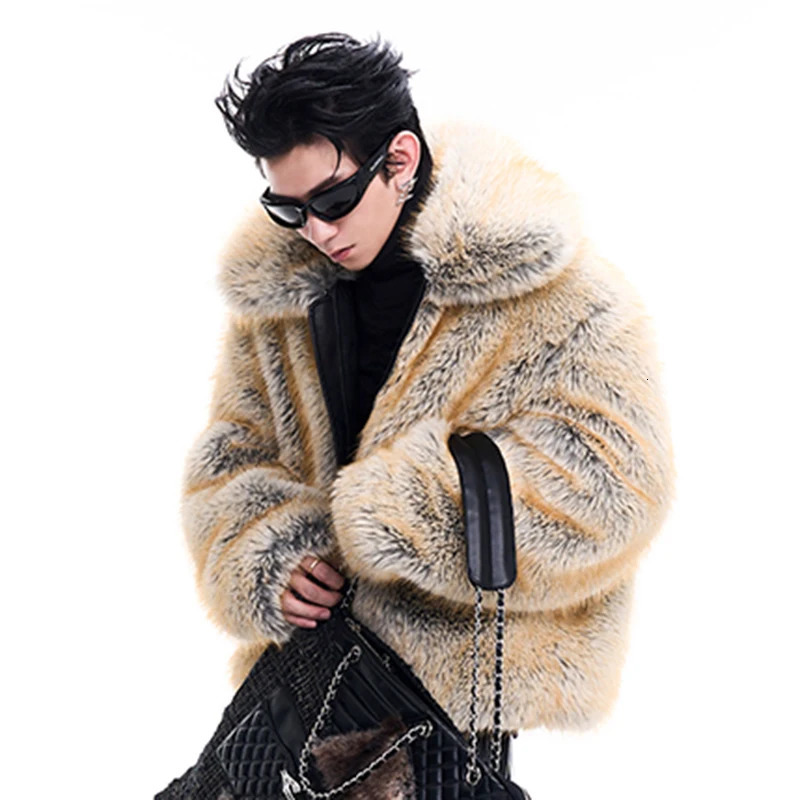 FEWQ mens faux mink fur thick coat winter item niche lapel zipper long sleeved fashionable mens casual wool coat 24E5004 241107