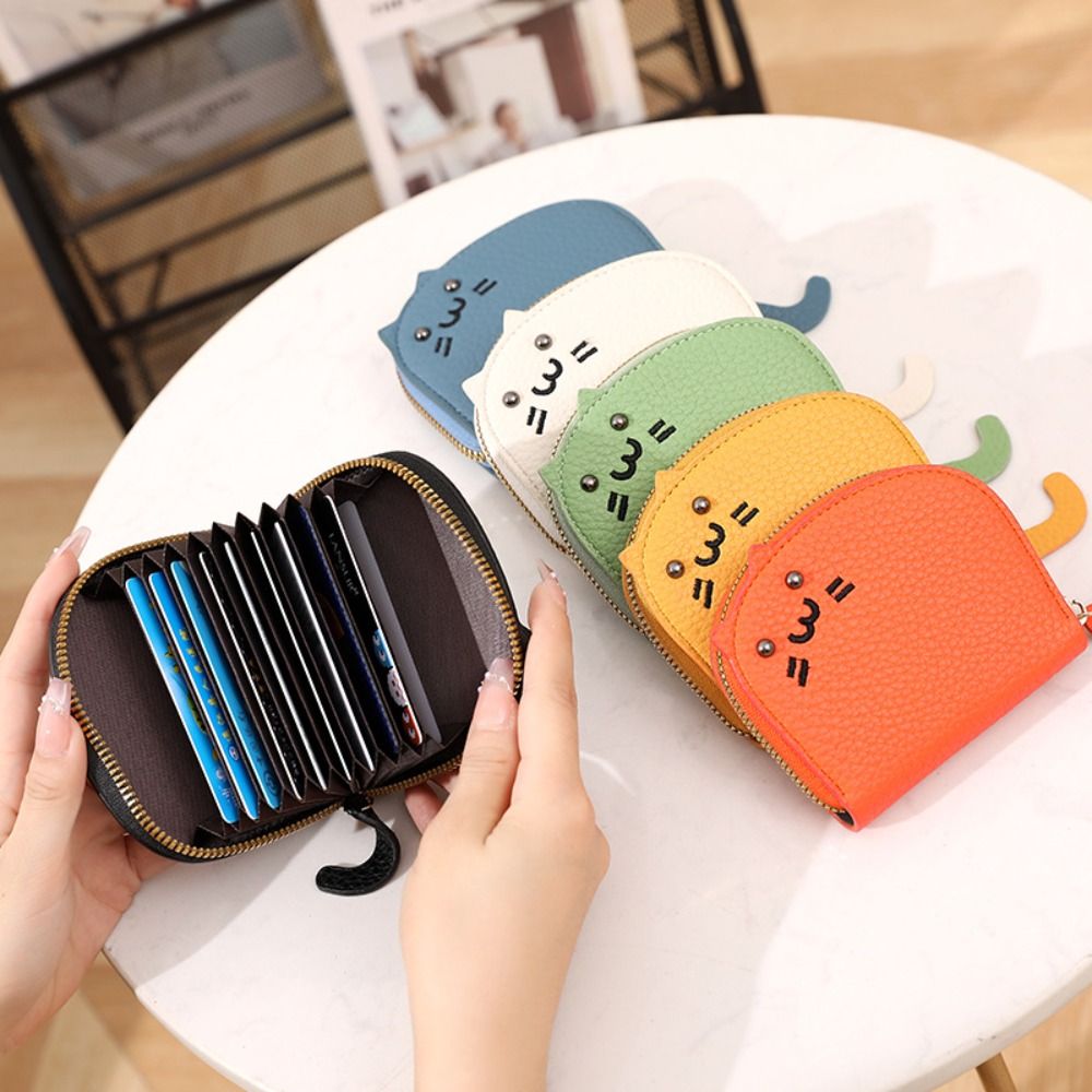 Cartoon Cat Mini Card Wallet Small Ultra-thin Zipper Card Holder PU Leather Coin Purse Women Girls