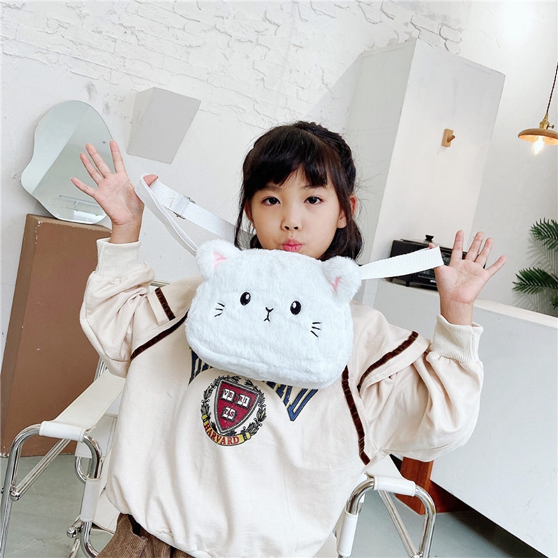 Baby Girls Cartoon Cat Crossbody Bags Cute Soft Plush Children's Shoulder Bag Winter Fashion Boys Kids Furry Handbags Coin Purse