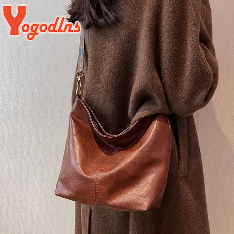 Yogodlns Vintage Shoulder Bag For Women PU Leather Bucket Bag Luxury Style Crossbody Bag Lady Messenger Bag Shopping Tote Purse