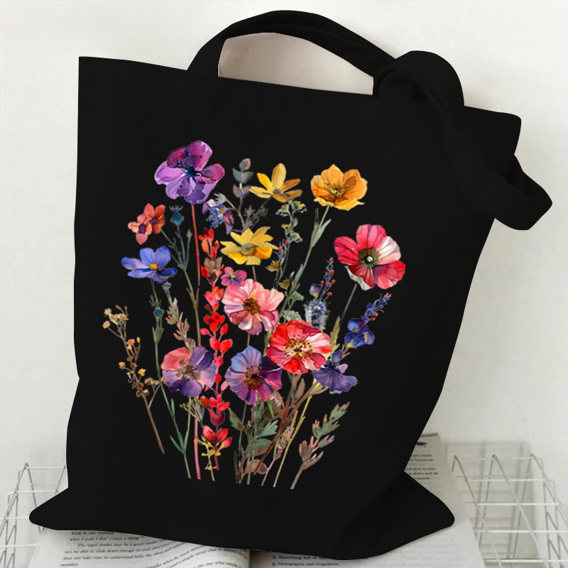 Boho Wildflowers Pattern Retro Graphics Canvas Tote Bag Reusable Shopper Bag for Women Purses and Handbags Shopping Cloth Bag