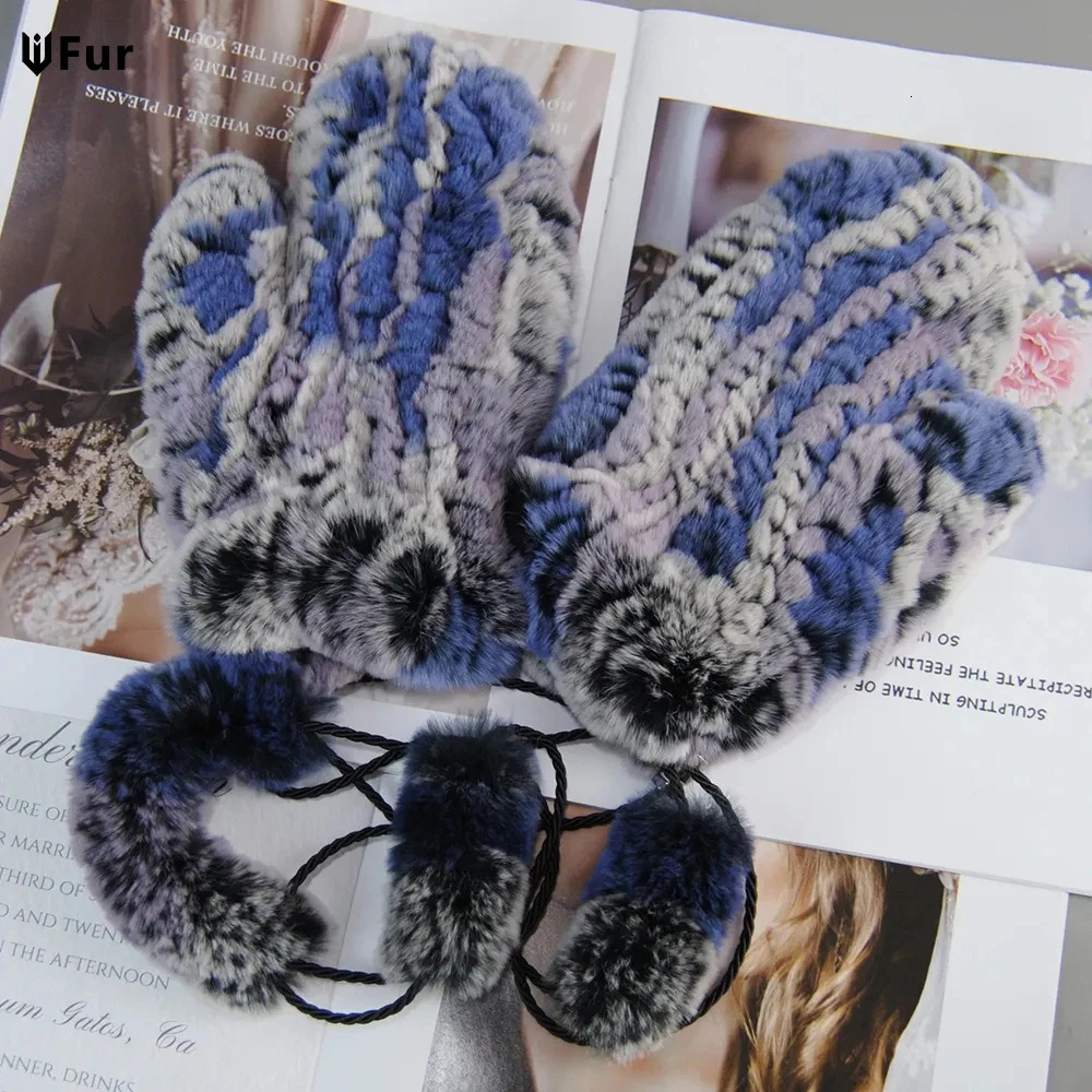 Womens Winter Rex Rabbit Fur Watch Warm Thick Womens Fur Gloves Elastic Girls Sled Gloves 241106