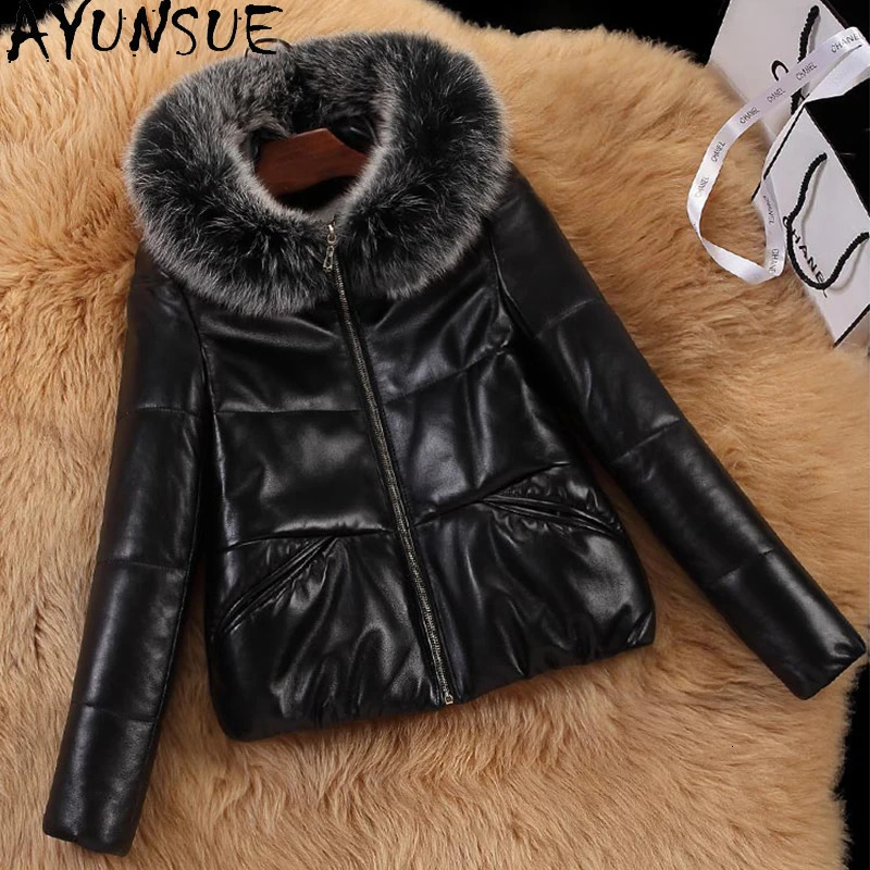 AYUNSUE Sheepskin Puffer Jacket Womens Coat Winter Coat Leather Jacket Fox Fur Collar Casaco 241107
