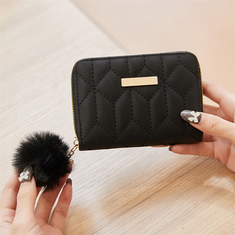 Women Small Leather Wallet Credit Card Holder Bifold Purse With Pompom Ball Lady Wallet Credit Card Holder Clutch Wallet