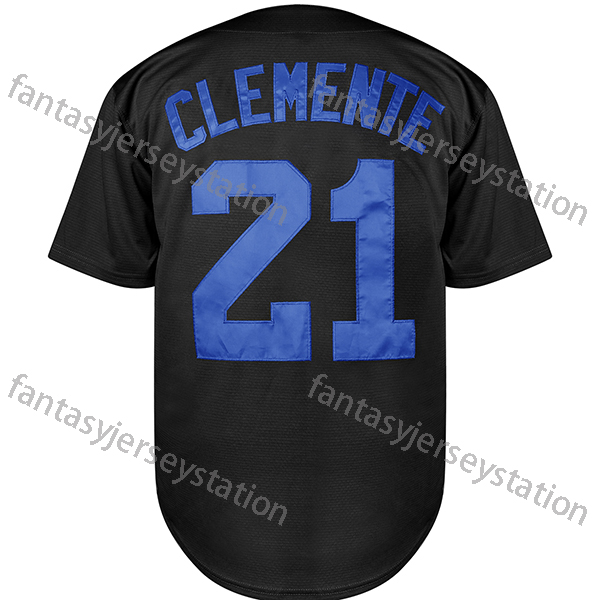 Men's #21 Black Embroidered Baseball Jersey CLEMENTE Polyester Top, V-Neck, Knit Fabric, Loose Fit, Sports Style for Training, Team Sports, Party