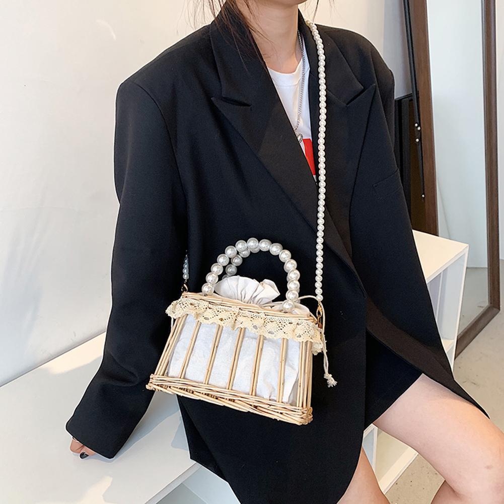 Small Beach Handbags Women Summer Bags Fashion Rattan Woven Lace Pearl Basket Shoulder Women Drawstring Tote Bags
