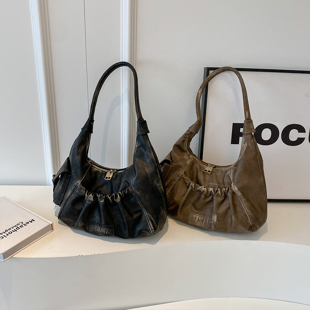 Women Vintage Underarm Bag PU Leather Luxury Armpit Purse Zipper Closure Simple Shoulder Purse Girls Outdoor Daily Bag