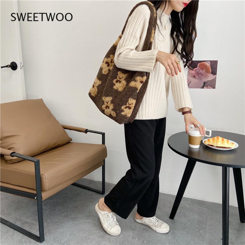 Autumn and Winter New Plush Bear Positive and Negative Shoulder Bag Japan and South Korea Ins Large-Capacity Student Shopping Ba