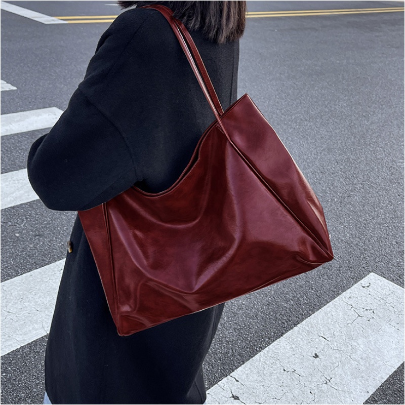 Vintage Red Womens Tote Bag Athletic Casual Fashion Large Capacity Leather Shoulder Bag Shopper Harajuku Simple Handbag Sac