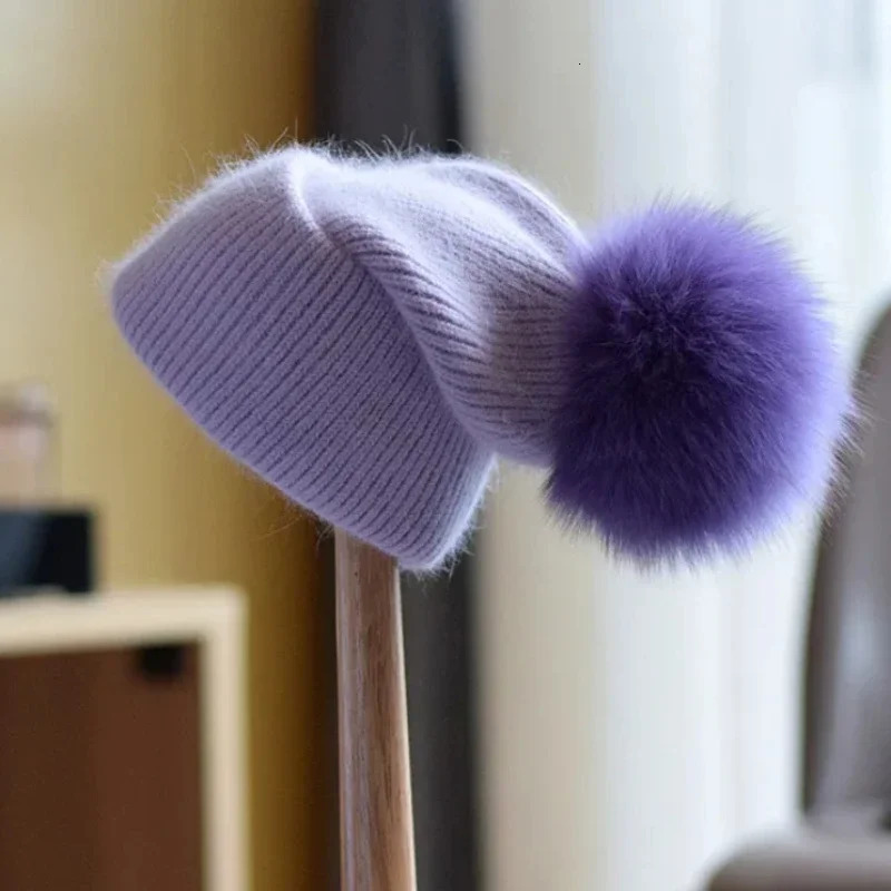 Rabbit Fur Knitted hats for Women Real fox Fur Pom Poms Hat Large Pompom Outdoor Warm Skullies Beanie Winter Hat Christmas 241106