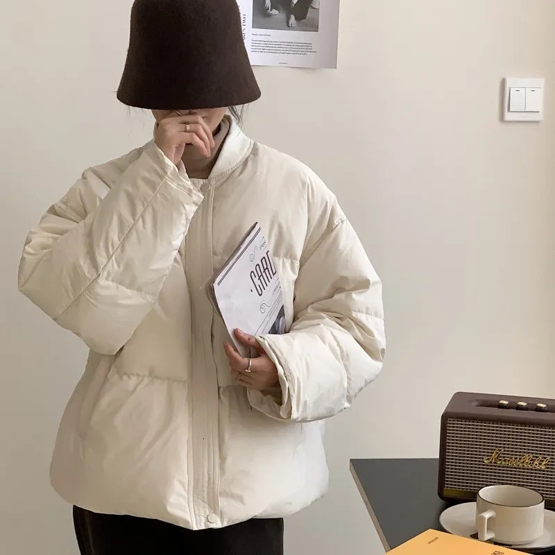 Womens jacket white down fashionable stand collar solid windproof duck down womens down jacket winter brown short 241107