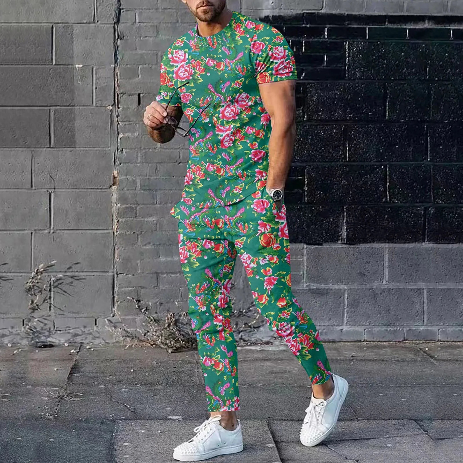 Men Spring Summer Northeast Big Flower Short Sleeve T Shirt and Pants Chinese Fashion Ethnic Style Mens Clothing Set 240401