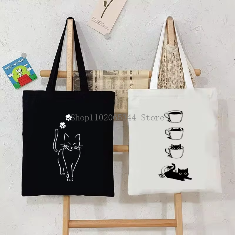 Fashion Canvas Tote Bag Cup of Black Cat Print Large Capacity Teen Shoulder Shopping Bag Cartoon Fashion Kitten Women's Handbags