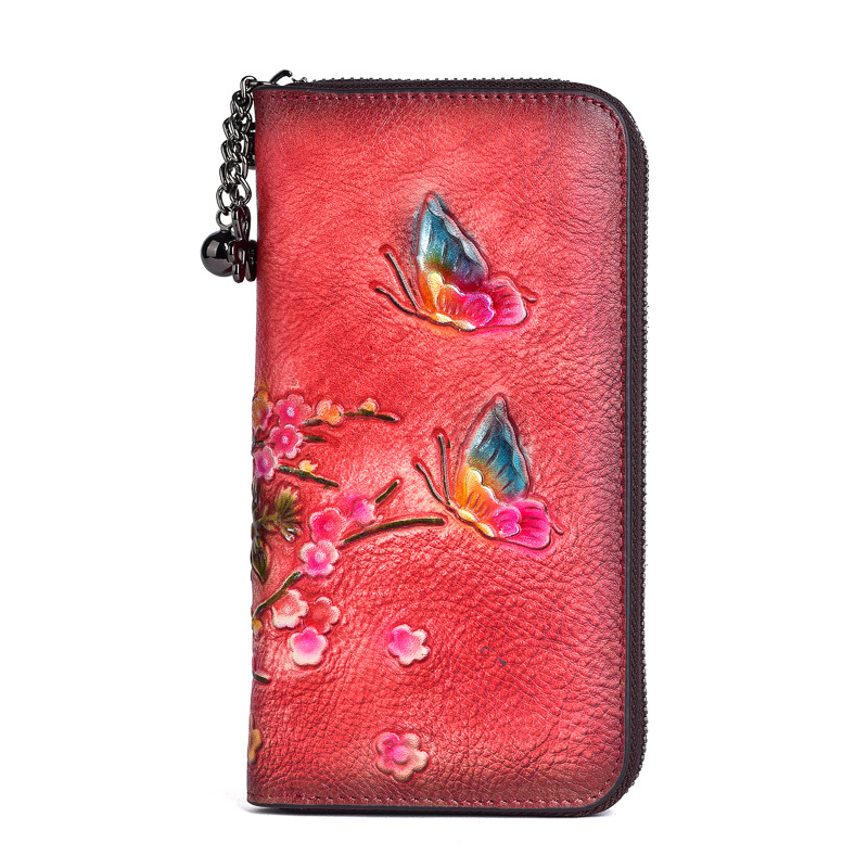 New Women's Top Layer Cowhide Wallet Floral Pattern Handbag Long Zipper Wallet vintage Personalized Clutch Bag Hot Sale